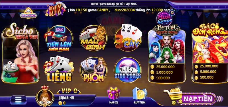 Giao diện hấp dẫn của game bài Rikvip 