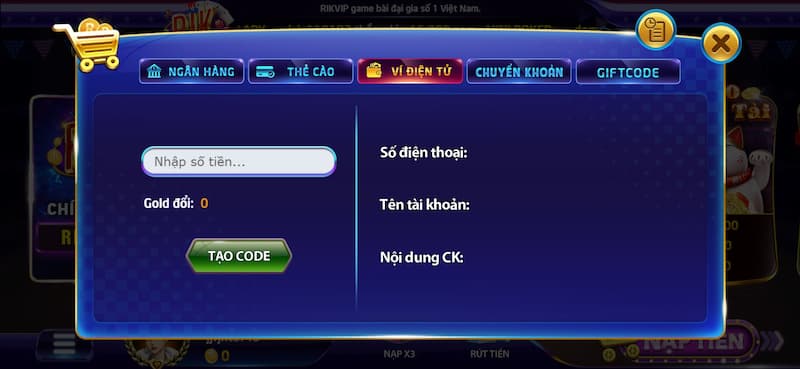 Hướng dẫn nạp tiền vào Rikvip bằng cách thông qua ví điện tử